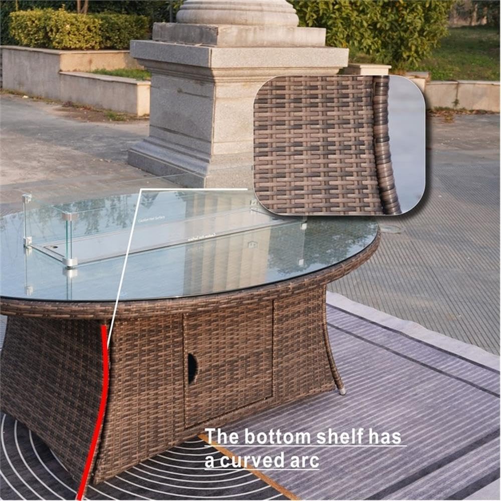 Brown Rattan Outdoor Gas Fire Pit Table Patio Dining Table with Wind Guard