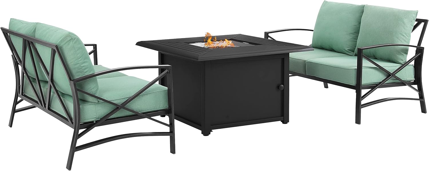 Crosley Furniture Kaplan 3-Piece Outdoor Loveseat Patio Furniture Set with Propane Gas Fire Pit Table, Oiled Bronze with Mist Cushions