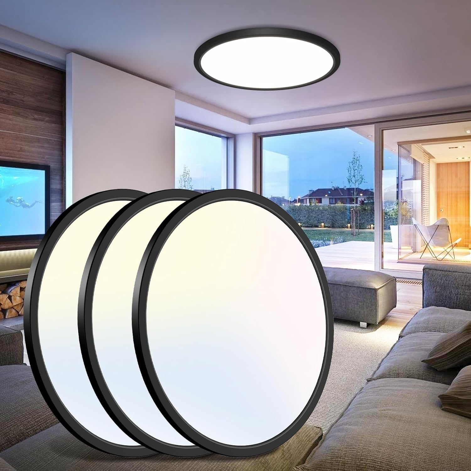 libtit 16.5 Inch Black Flush Mount Ceiling Light, 3Pack 4200LM 36W Large & Bright Ceiling Lighting Fixture, 3000K/4500K/6000K Thin Round Flat LED Ceiling Lights for Bedroom, Kitchen, Livingroom