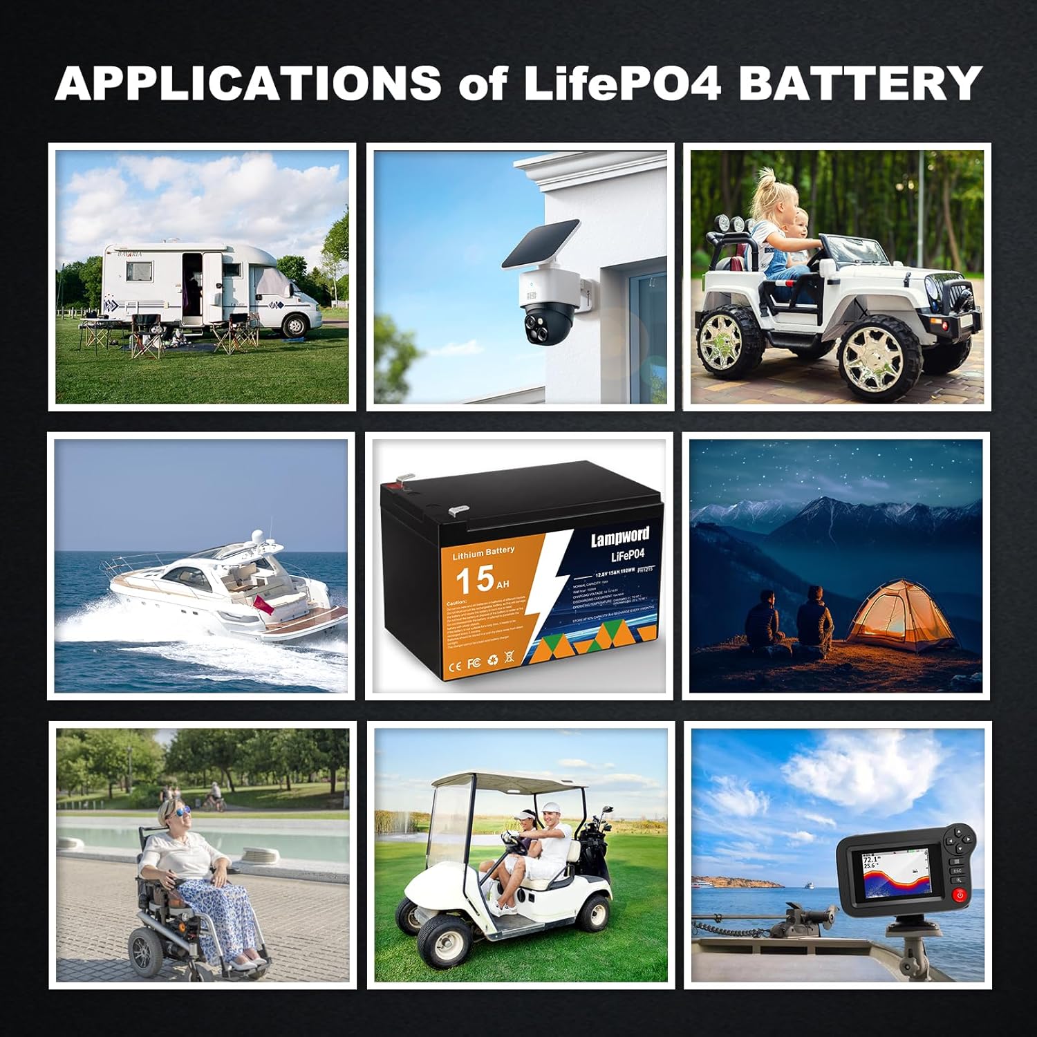 Lithium Battery 2 Packs 12V 15Ah LiFePO4 Battery 2000+ Deep Cycle Rechargeable Batteries for Trolling Motor/Golf Cart/Solar and Wind Power,Lighting,Power Wheels,Fish Finder with Charger