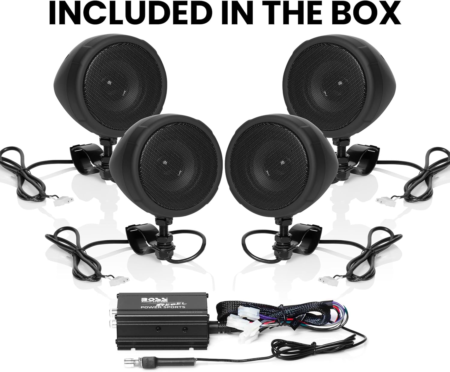 BOSS Audio Systems MCBK470B Motorcycle Bluetooth Speaker System - Class D Compact Amplifier, 3 Inch Weatherproof Speakers, Volume Control, Great for Use With ATVs and 12 Volt Vehicles