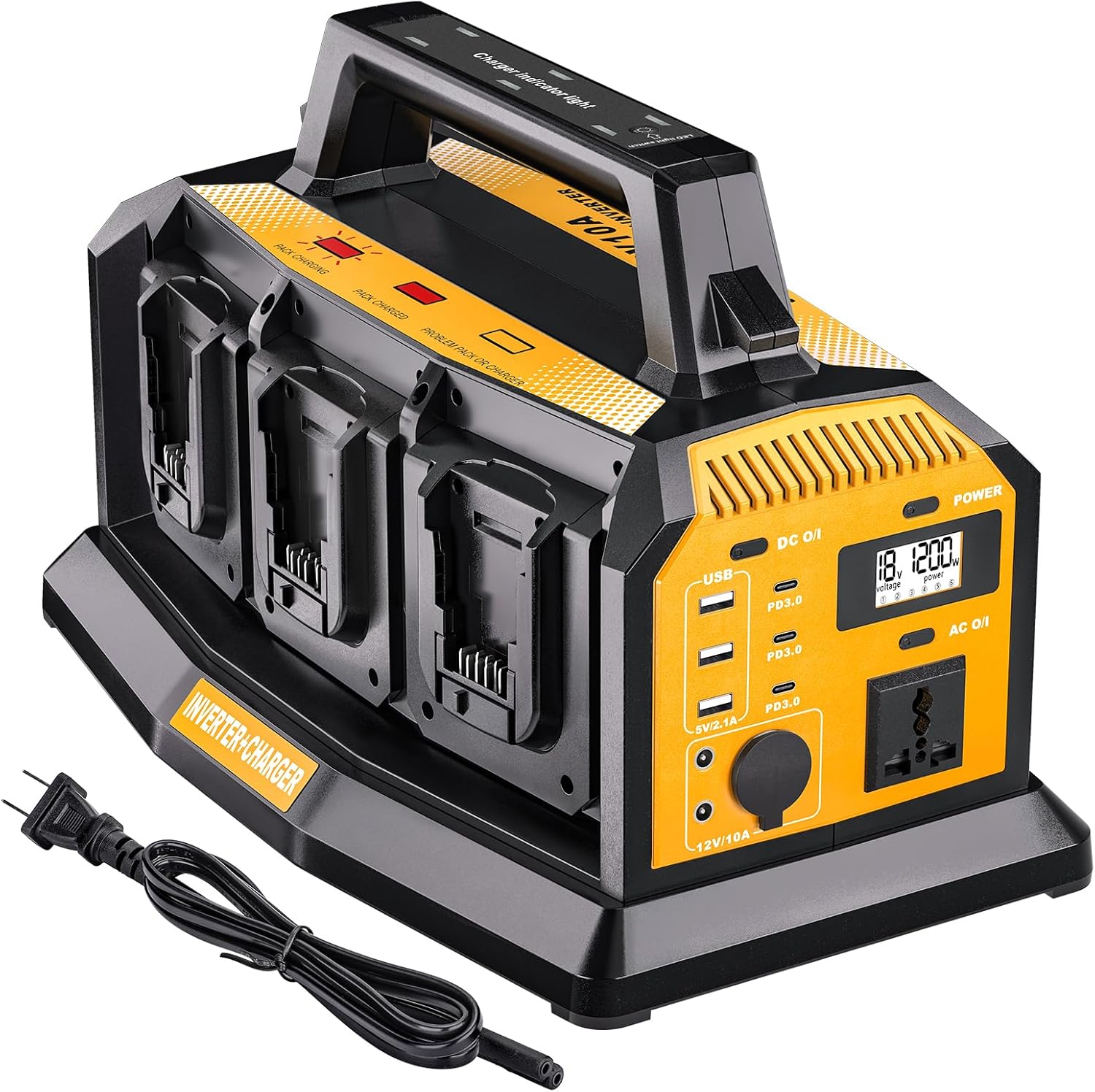 1200W Power Inverter & 6A Rapid Charger for DeWalt 20V Battery – 6-Port DC to AC 120V Converter, 3 USB-A + 3 USB-C, 300lm LED Light for Camping, Travel, Emergencies(Battery not Included)