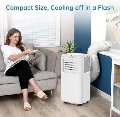 8000 BTUs (ASHRAE) / 5000 BTUs (SACC) Portable Air Conditioner – Quiet Indoor AC with Cooling, 2-Speed Fan, 39 Pints/Day Dehumidification, Timer, Remote Control, for Rooms Up to 350 Sq.Ft.