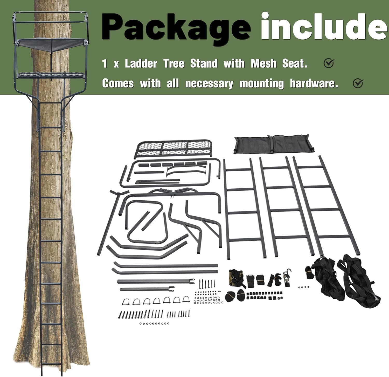 KUAFU 18' 2-Man Ladder Tree Stand Climbing Tree Stand for Deer Hunting Elevated Climbing Seat Hunting Gear Equipment Accessories, 500 lb Weight Capacity