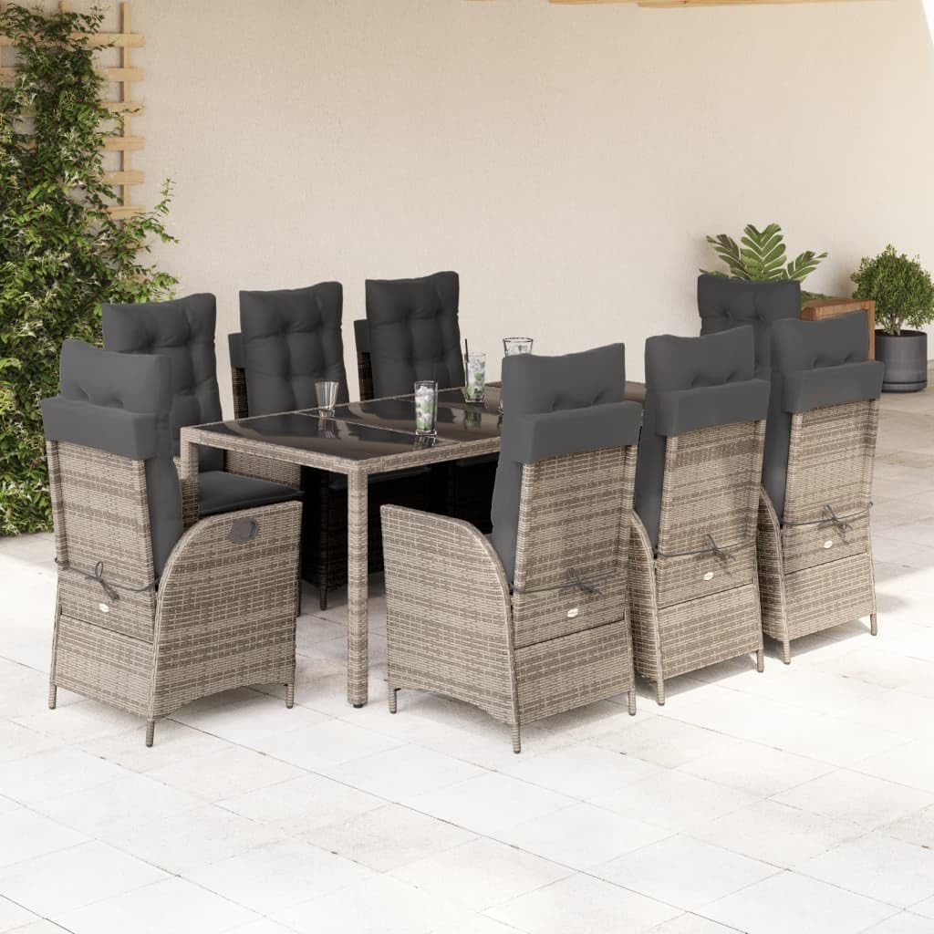 9 Piece Patio Dining Set with Cushions Gray Poly Rattan,Outdoor Furniture Set with Adjustable Reclining Garden Chairs and Glass Tabletop Furniture Sets for Patio, Lawn & Garden