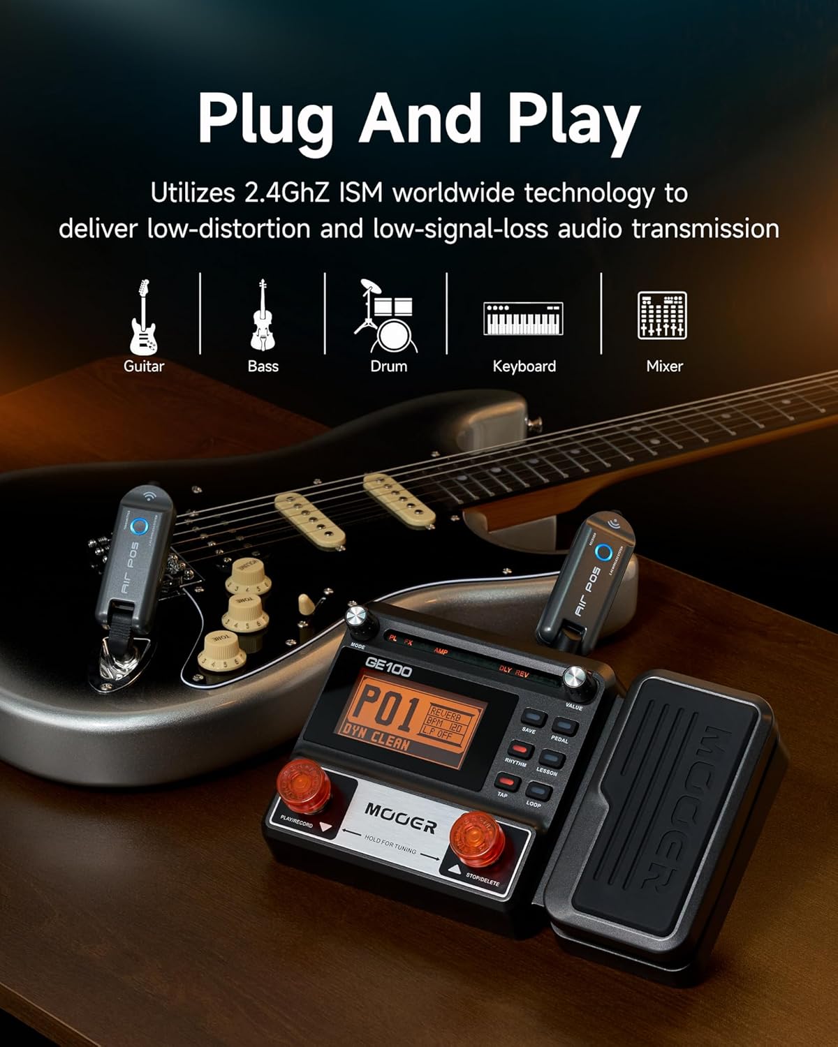 MOOER GE200 Amp Modelling Multi Effects with Air P05 Guitar Wireless System Cordless Guitar Cable