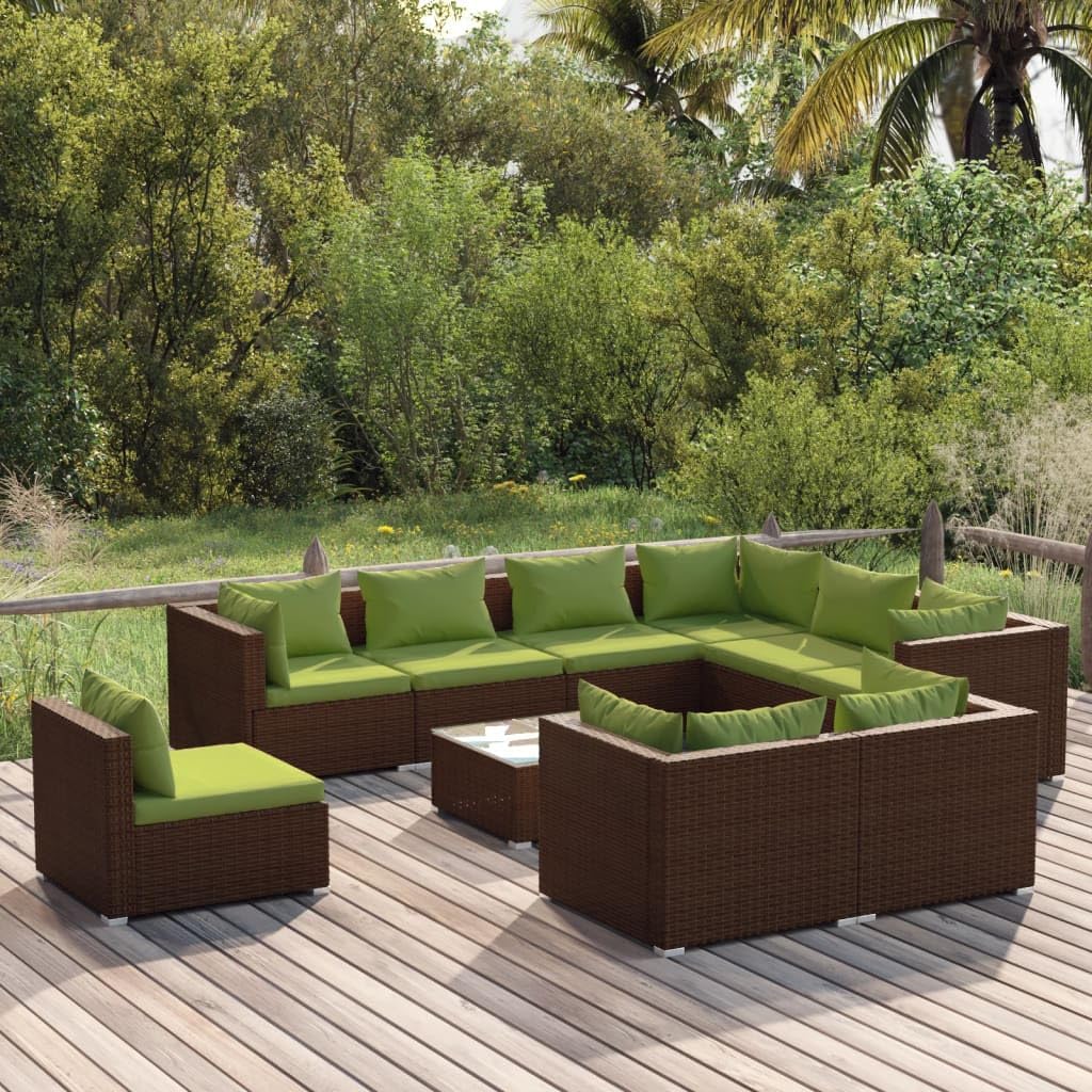 10-Piece Garden Lounge Set, Brown Poly Rattan Patio Furniture with Green Cushions, Outdoor Table and Chairs for Balcony, Terrace, 10 Person Seating Capacity