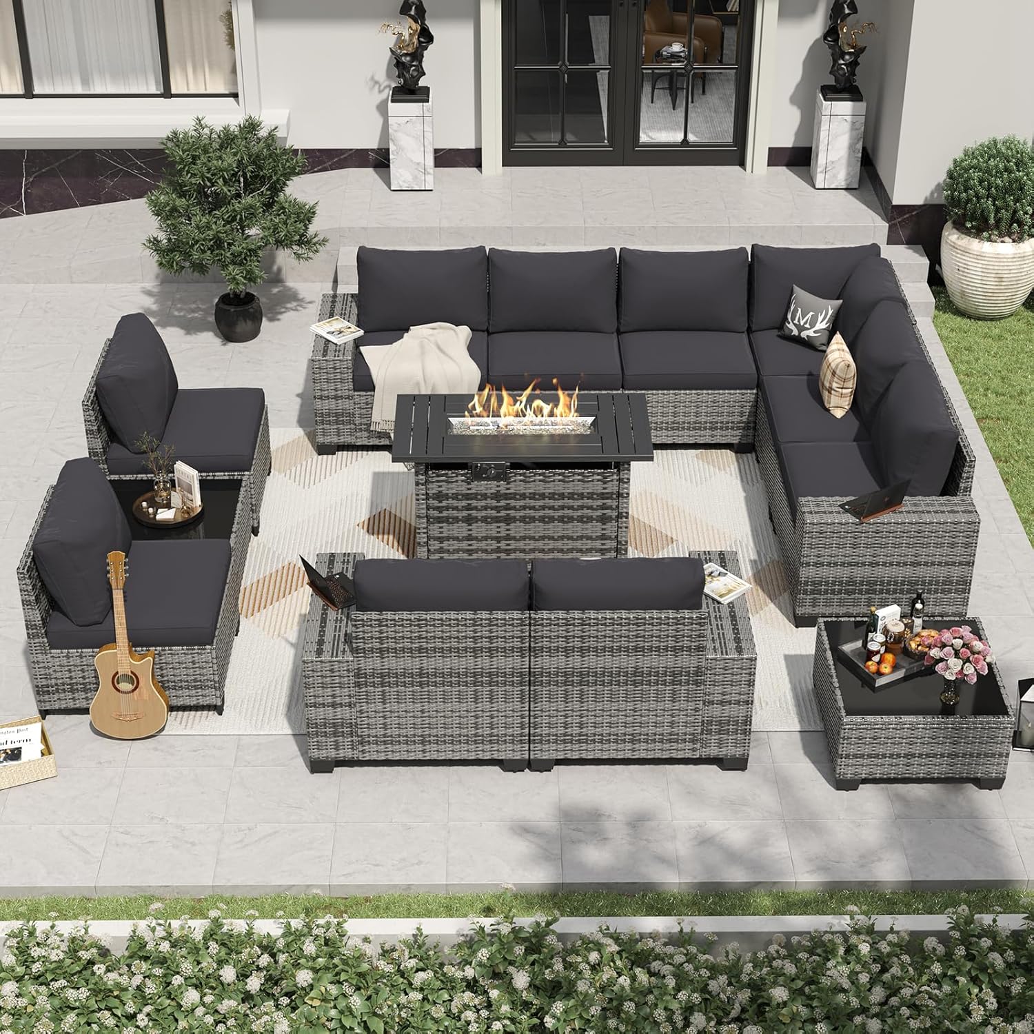 Aoxun 13 Pieces Patio Furniture Set with 44” Fire Pit Table Wicker Rattan Outdoor Sectional Conversation Set with Coffee Table and 4” Thickened Cushions, Gray/Black(Waterproof Cover Included)