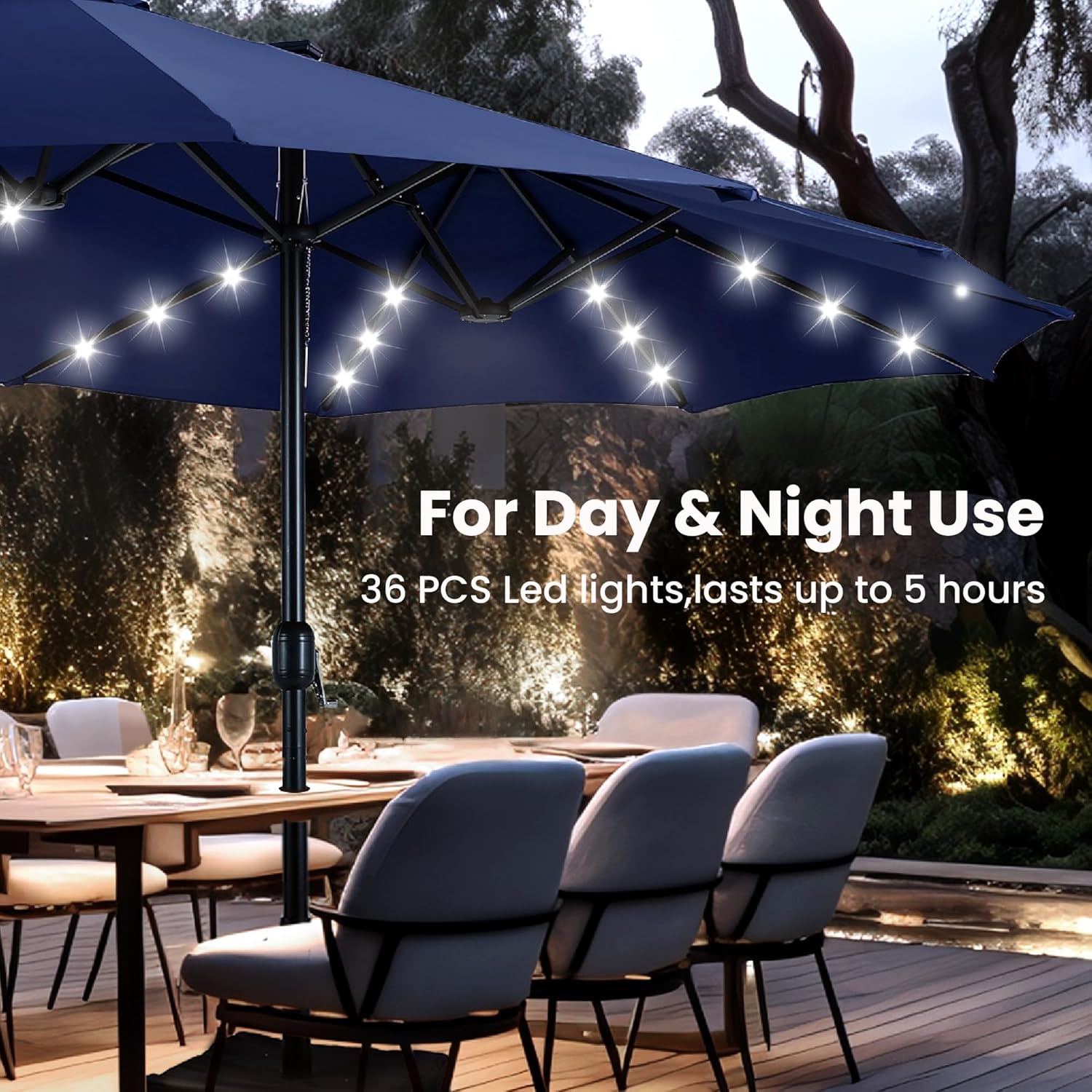 PHI VILLA 15ft Large Patio Umbrella with Solar Lights, Double-Sided Outdoor Market Rectangle Umbrellas with 36 LED Lights, Umbrella Base (Stand) Included, Navy Blue