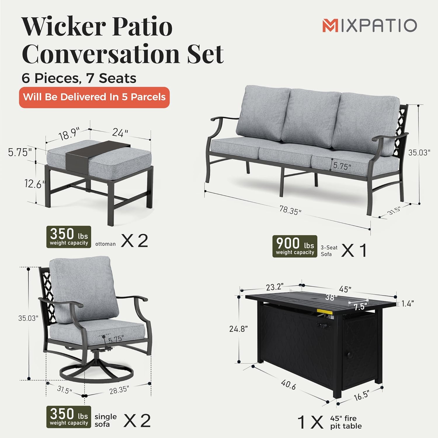 Patio Furniture Set, 6 Pcs Metal Outdoor Conversation Set, 2 Swivel Chairs, 2 Ottomans and 3 Seater Sofa with 5.75