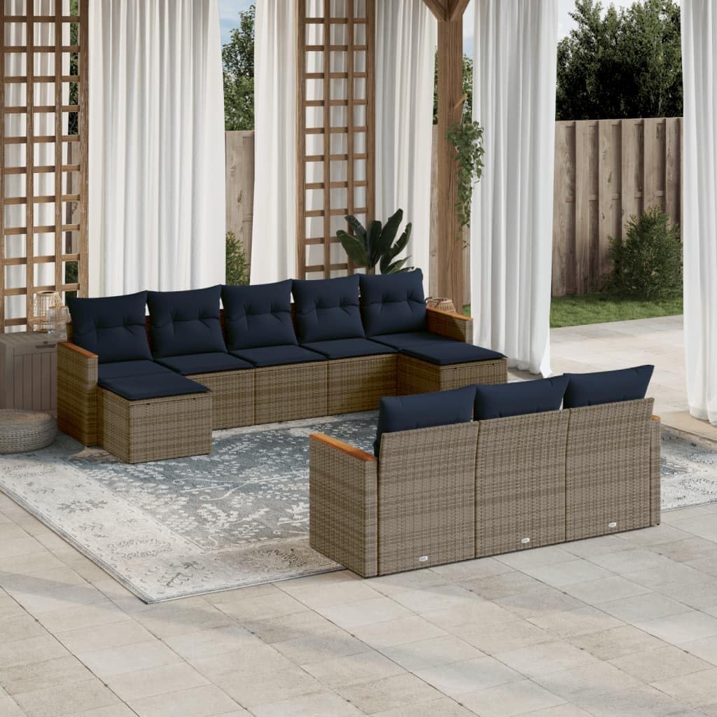 10 Piece Garden Sofa Set with Cushions, Grey Poly Rattan Outdoor Furniture Sectional, Patio Seating for Backyard, UV-Resistant