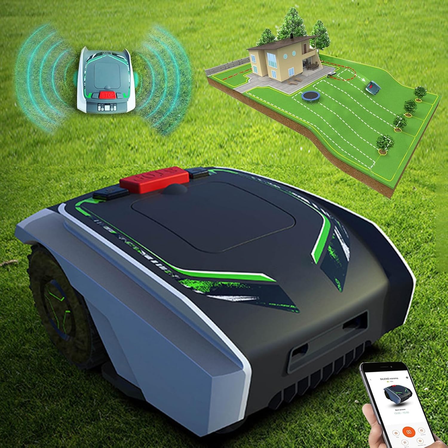 Automatic Intelligent Lawn Mower, Robotic Lawn Mowers App Control, Long Battery Life (20V 5Ah - 120 Min), Waterproof, Safety Protection Device, for Lawn/Garden (1500㎡)