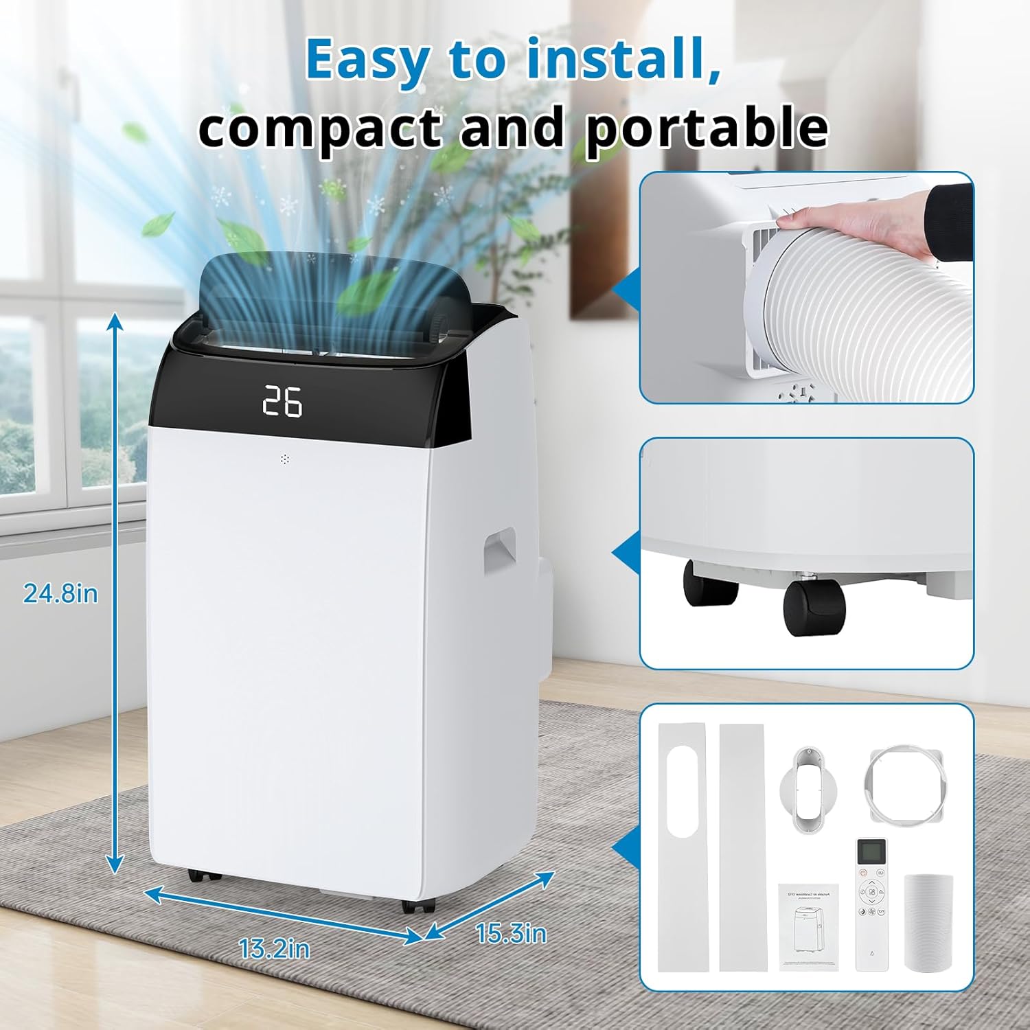 12,000 BTU Portable Air Conditioner Cools Up to 550 Sq.Ft, 3-IN-1 Quiet Portable AC Unit with Remote Control & Installation Kits for Large Room, Smart/Sleep Mode, Auto Swing, 24H Timer
