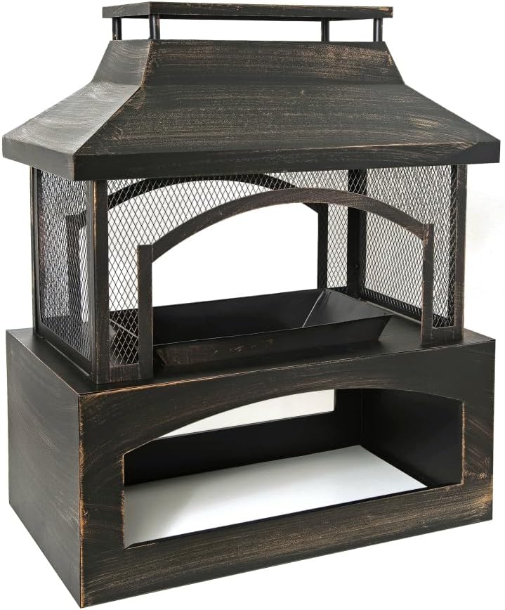 37 Inch Rectangular Metal Wood Burning Fire Pit with Built-in Log Storage and Poker - Bronze Finish Outdoor Fireplace for Patio, Garden, Backyard Gatherings