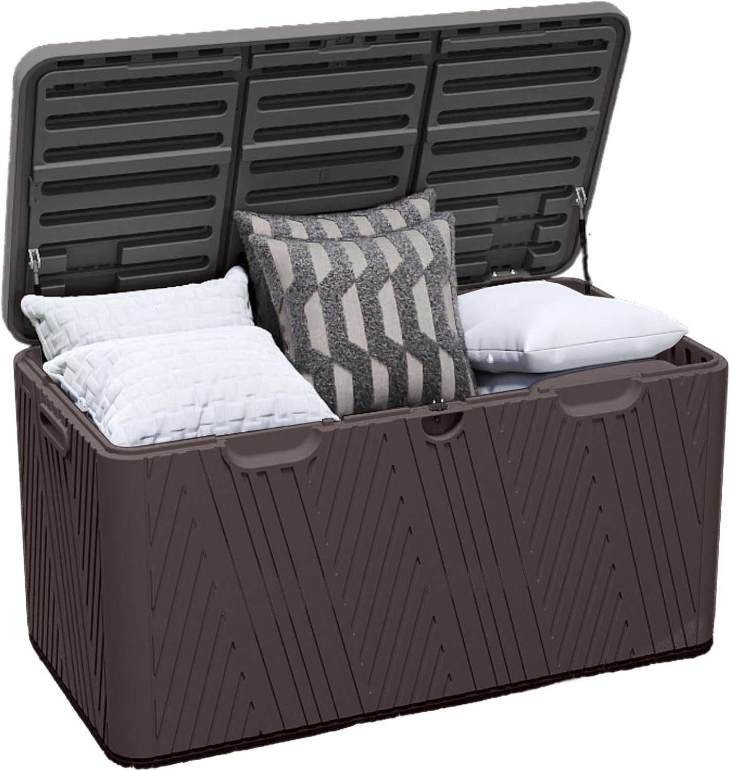 120 Gallon Outdoor Storage Box, Square Resin Deck Box with Hydraulic Lid, Waterproof Plastic Patio Storage for Cushions, Pool Supplies, Garden Tools, Brown