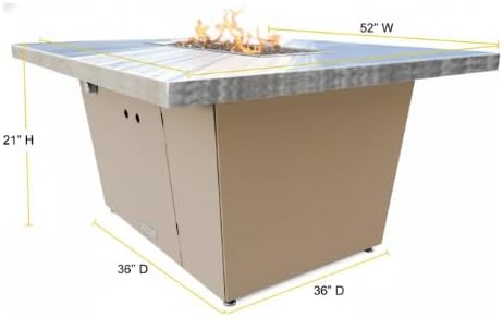 COOKE Palisades Rectangular Fire Pit Table - 52x36 - Chat Height - Propane - Brushed Aluminum Top with 3cm Edge - Grey Texture Powdercoat Base