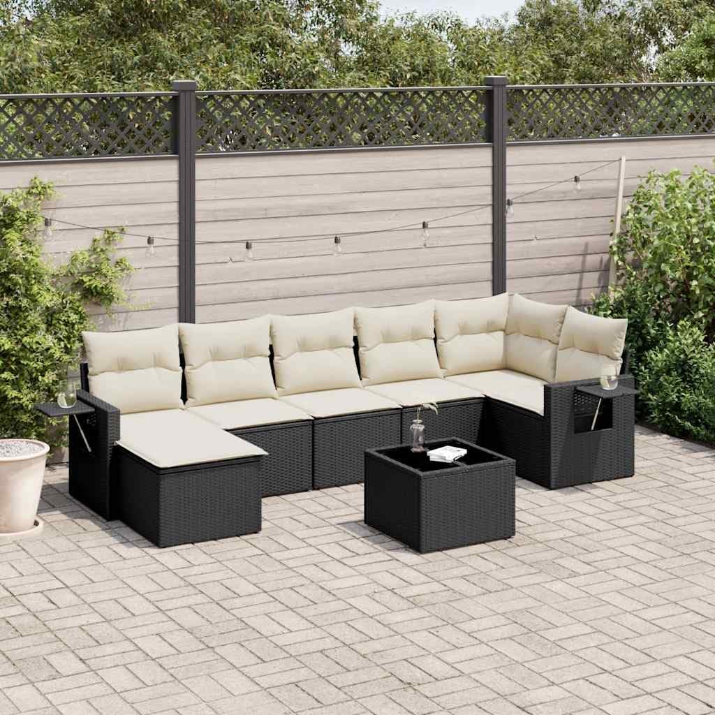 8-Piece Modular Garden Sofa Set Black PE Rattan with Powder-Coated Steel Frame and Tempered Glass Table for Patio Terrace Outdoor Seating Furniture