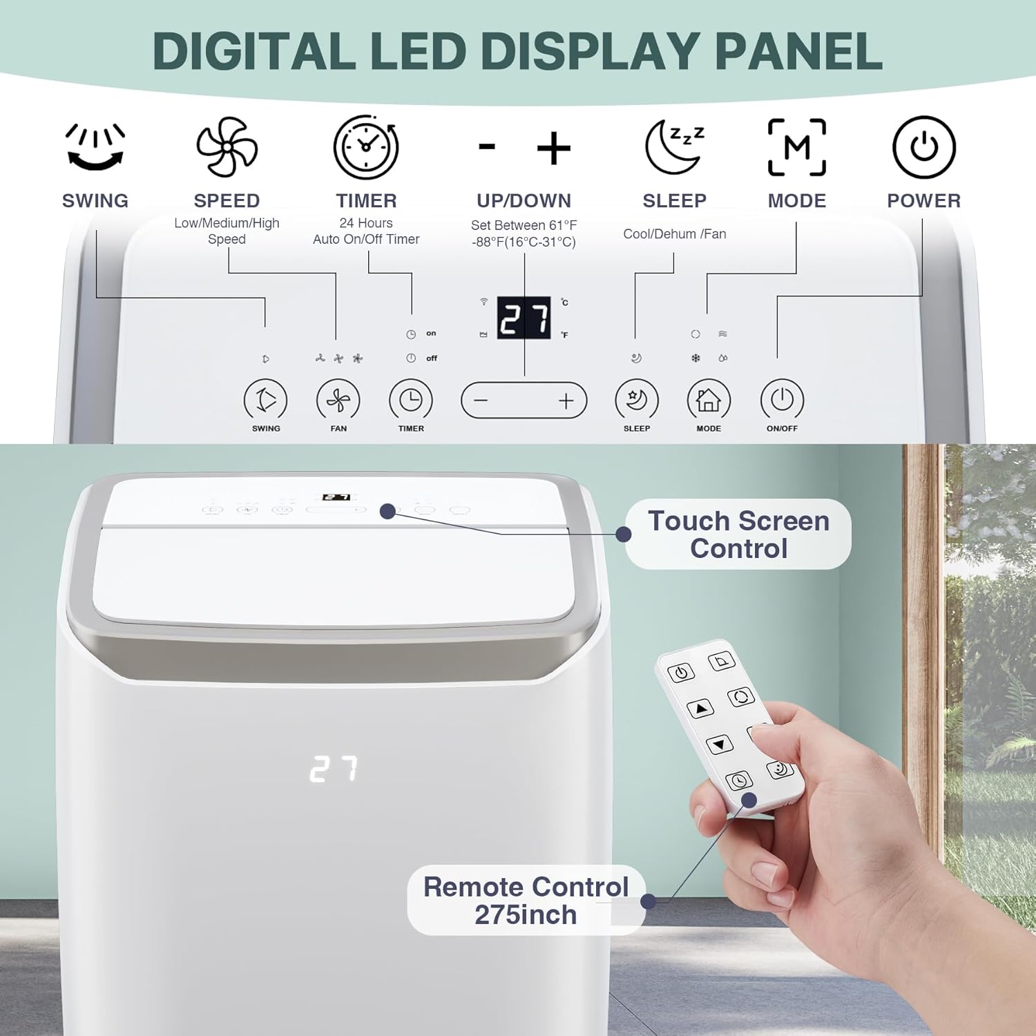 Portable Air Conditioners 14,000 BTU, Portable AC Units for Rooms With Multi-Function Fan, Dehumidifier Mode, Remote Control AC Unit for Bedroom Apartments Up to 750 Sq.Ft, White