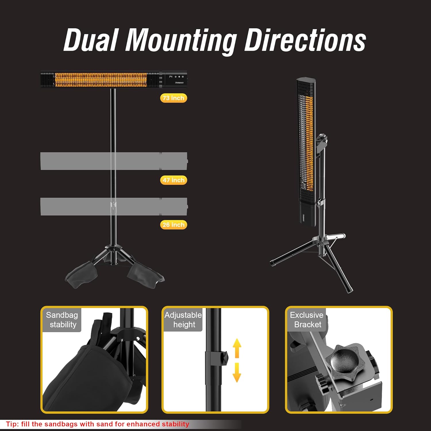 PowerScale 1500W Infrared Electric Patio Heater with Tripod Stand, IP65 Rated, 4 Heat Levels & 24H Timer with Remote, For Covered Outdoor/Indoor & Spot Heating