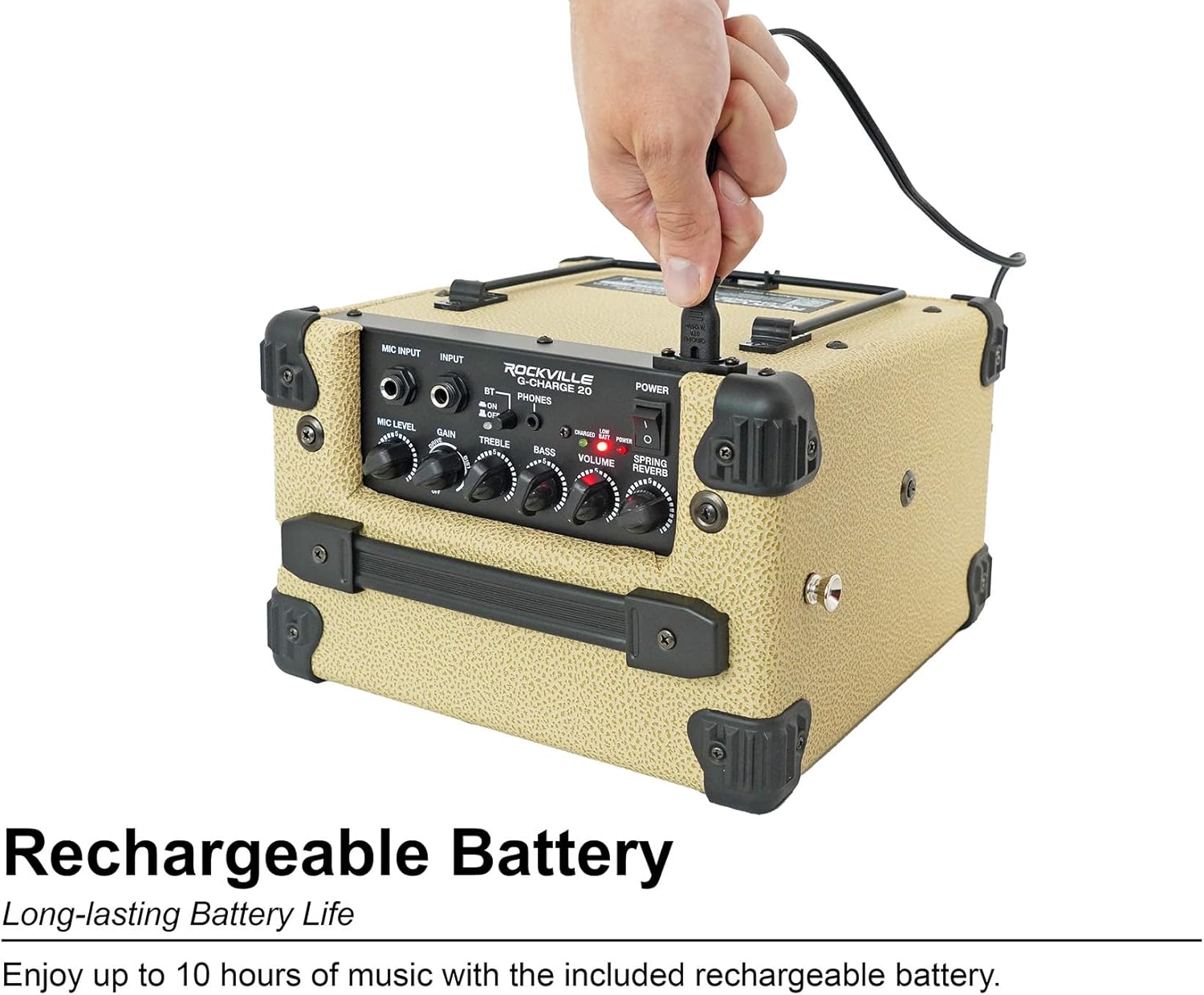 Rockville G-CHARGE 20 Beige 20W Battery-Powered Guitar Amplifier, 6.5” Speaker, Spring Reverb, Bluetooth, Mic Input, Kickback Stand, Rechargeable Amp, For Street Performances, Home Jams & Outdoor Play