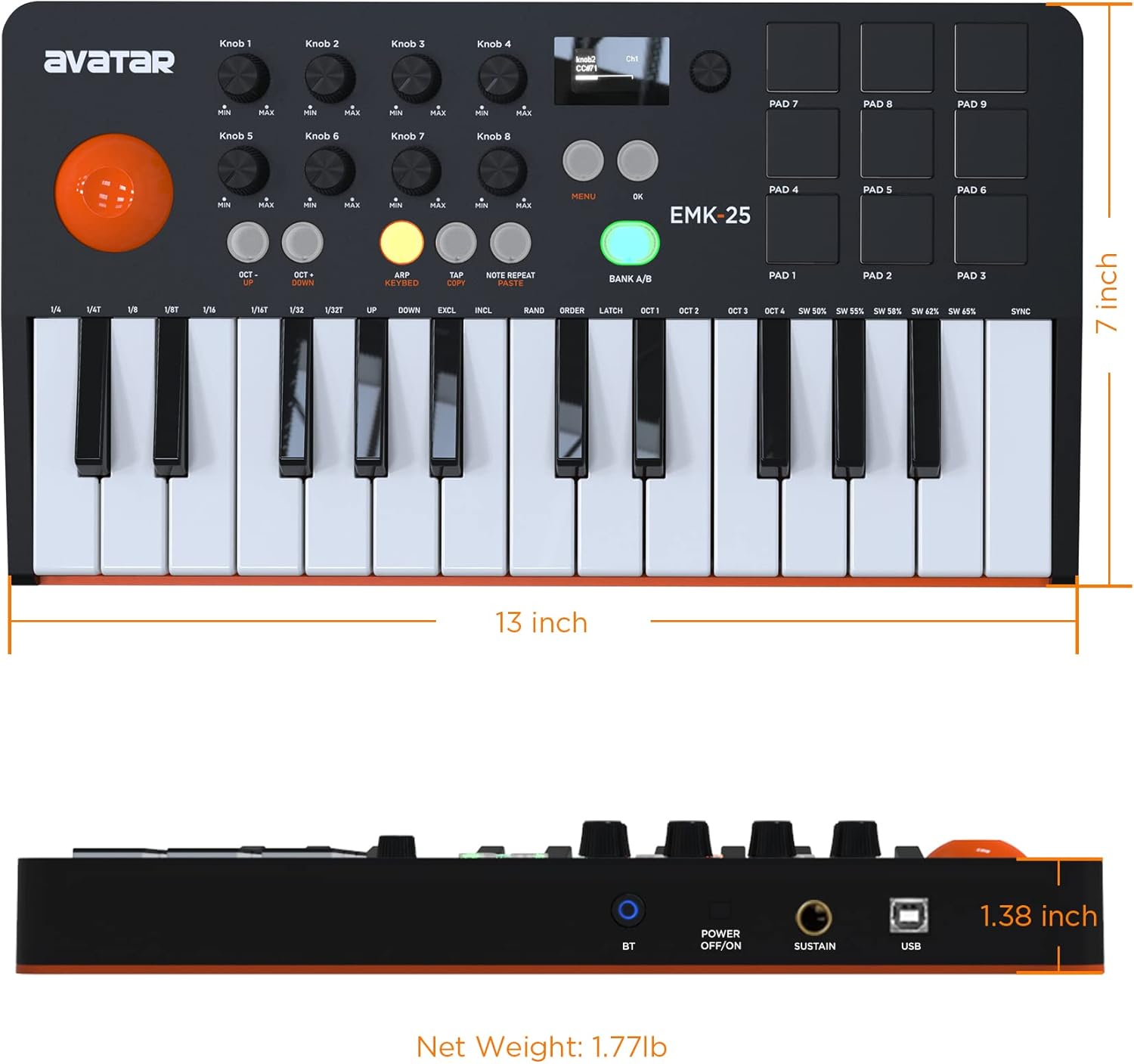 Portable Bluetooth MIDI Keyboard Controller, With 25 Key, 9 Backlit Beat Pads, OLED Display, 8 Knobs, Software Included, USB Powered/Battery Operation