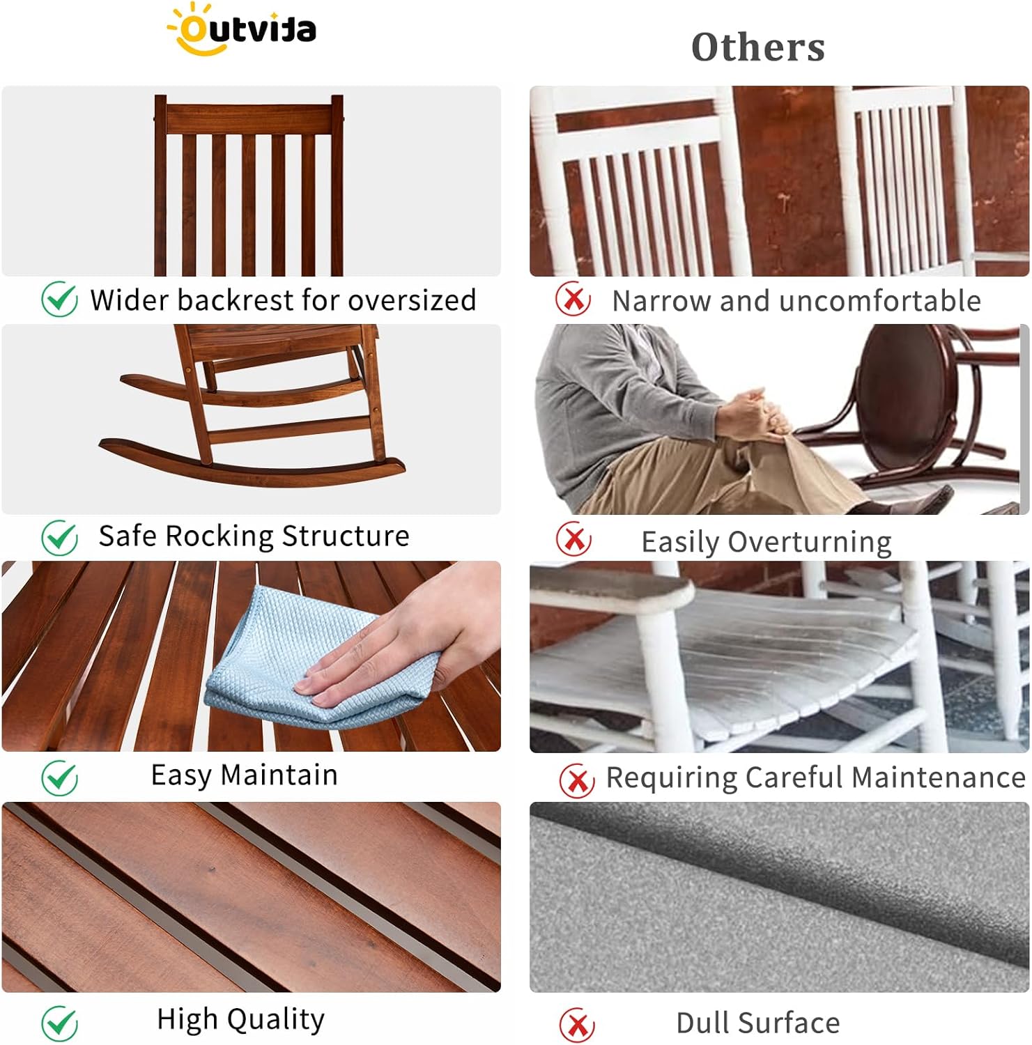 Outvita Outdoor Rocking Chair Set of 2, Solid Wood High Back Rocker, All Weather Lounge Chair for Porch Patio Fire Pit Garden Backyard Deck Indoor, Natural