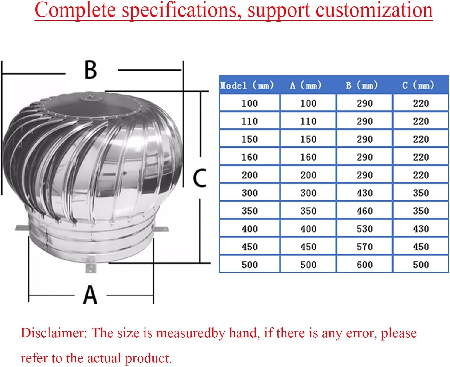 Turbine Ventilator Stainless Steel Rotating Chimney,Spinner Anti Downdraught Chimney,Cowl Cap with Claw Base Energy Saving,for Houses Factory Attic Farm,300mm