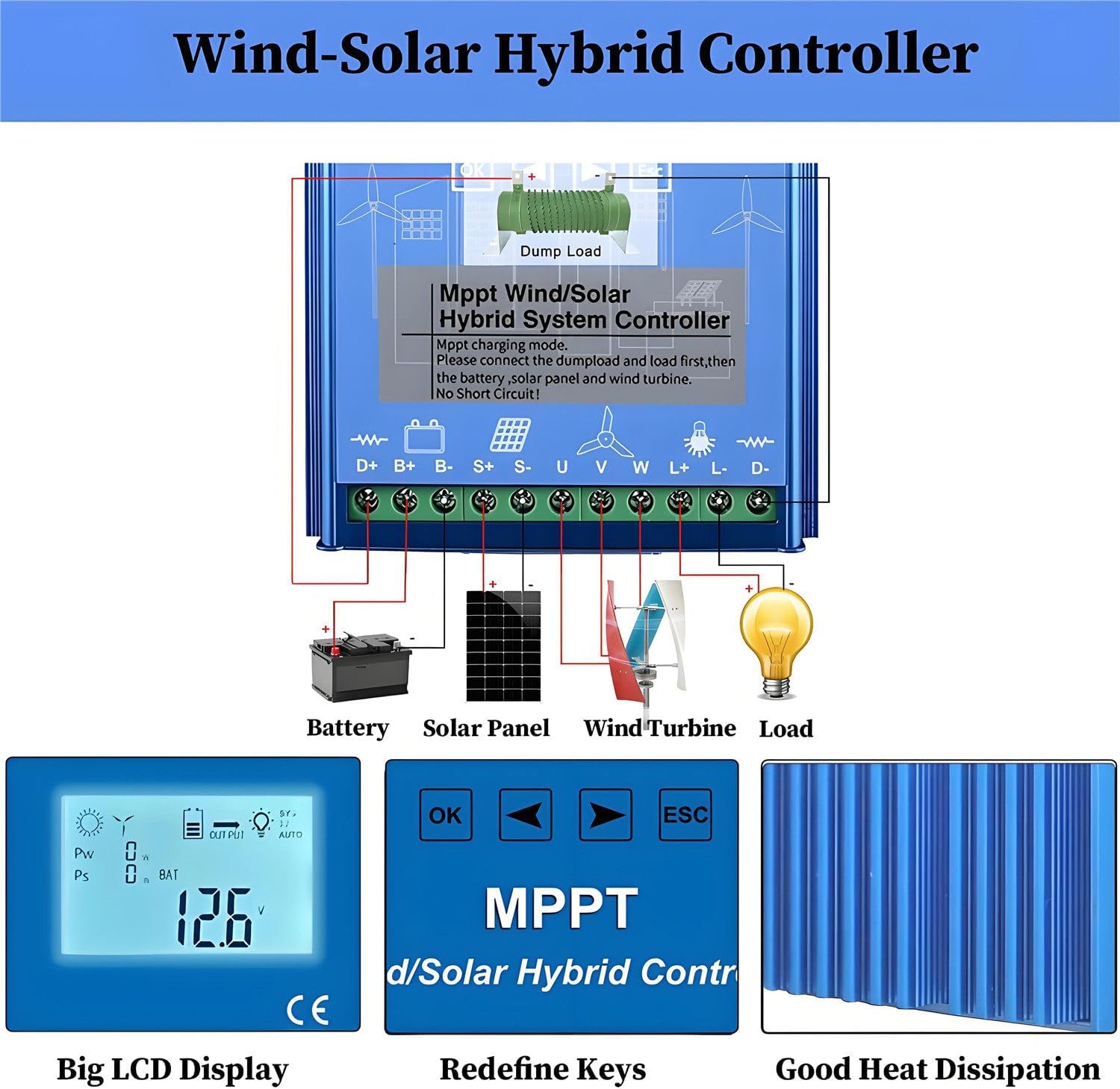 16000W Wind and Solar Charge Controller,Wind Solar Turbine Generator Controller,with LCD Display and Dump Load,Wind Solar Hybrid Charge Controller, for Home, Boat, Street Light 12V