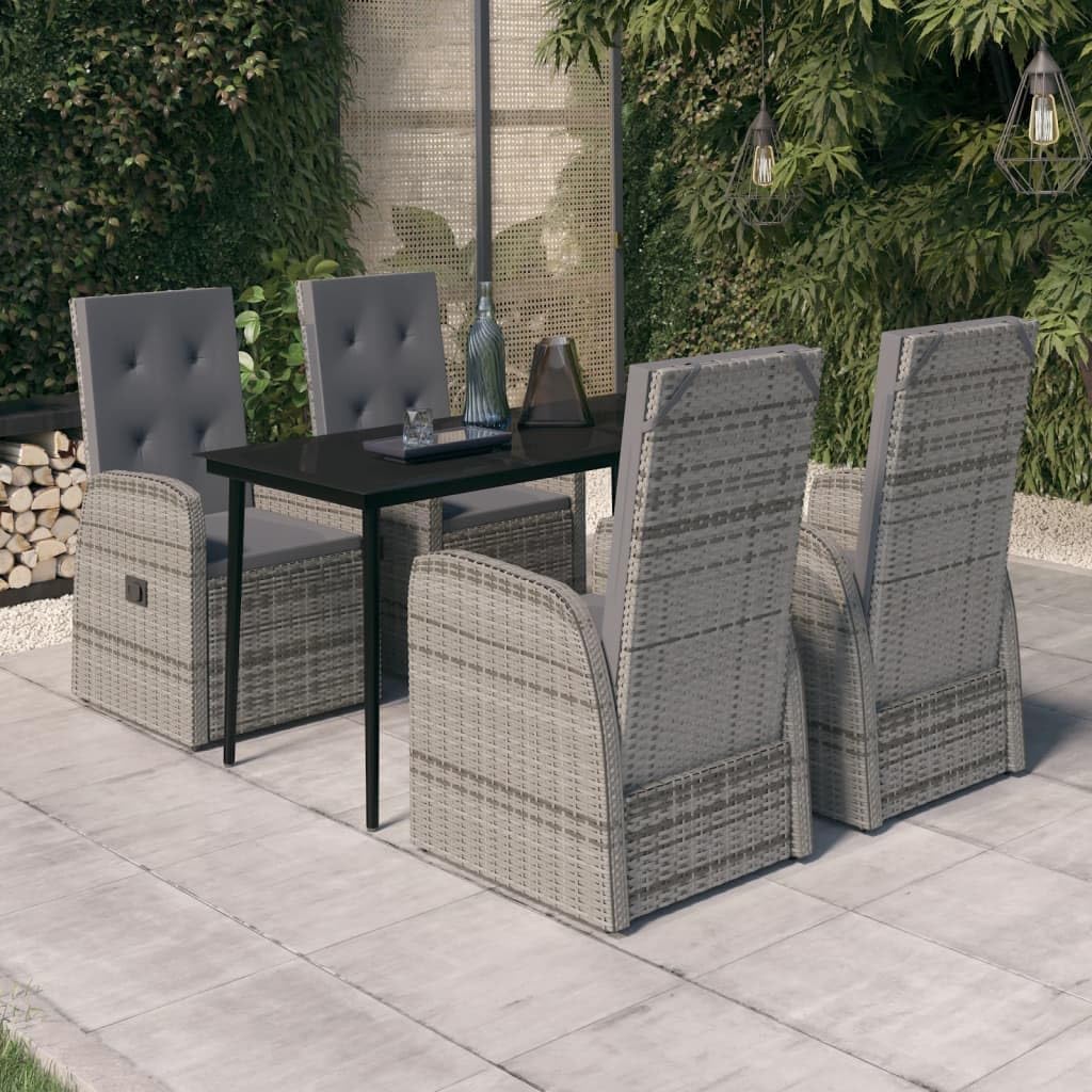 5 Piece Patio Dining Set with Cushions Gray,Outdoor Garden Dining Set with Reclining Chairs and Glass Tabletop Patio Furniture Sets, Outdoor Furniture Sets