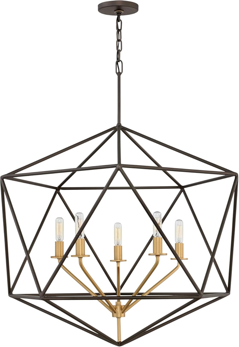 Hinkley Astrid Five Light Indoor Open Frame Chandelier - Candle Light Fixture Floats Inside Geometric Cage, Ideal with Vintage Filament Bulbs - Metallic Matte Bronze with Deluxe Gold Accents