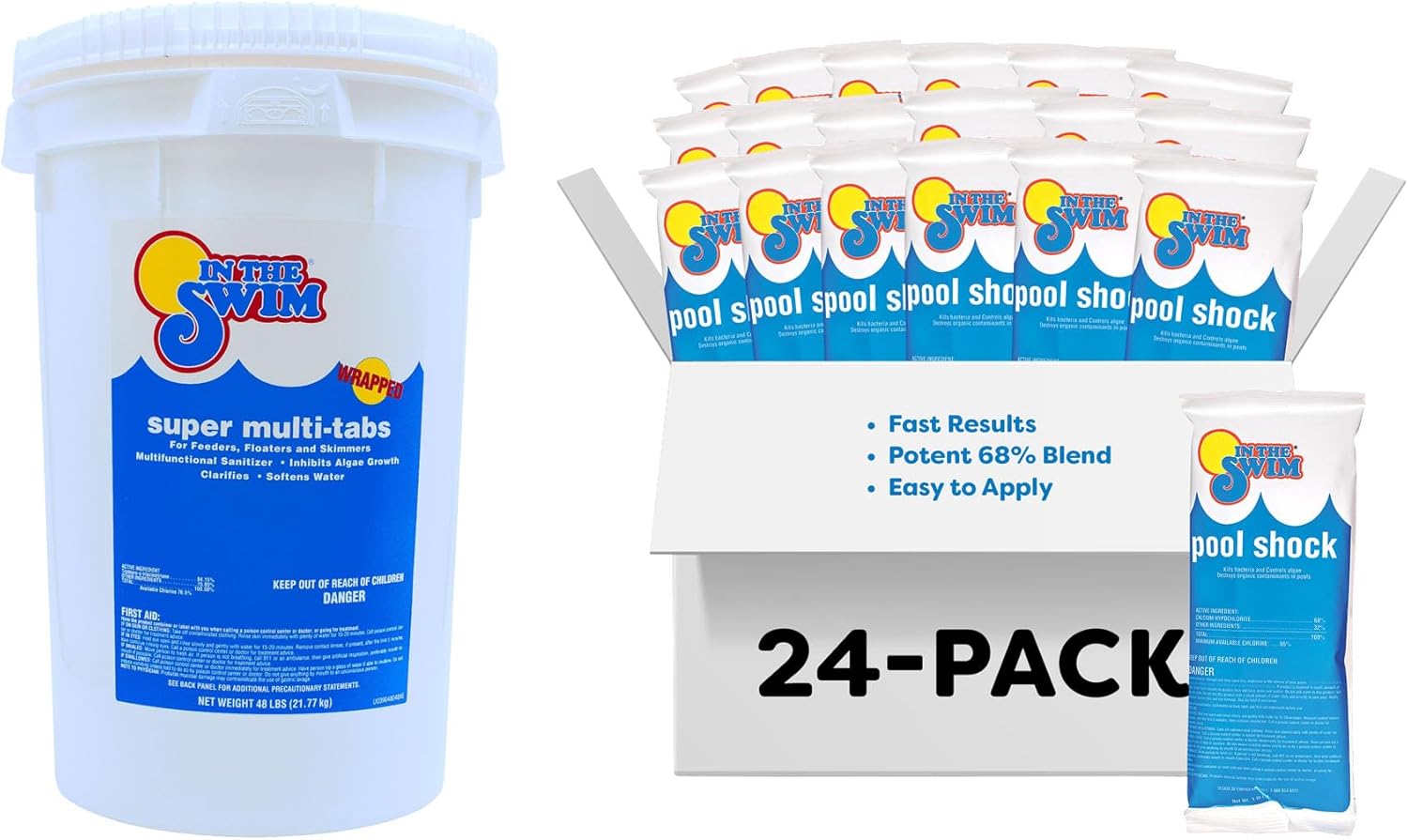 In The Swim Chlorine and Shock Bundle for Sanitizing Swimming Pools – Includes 48 Pound Bucket of 5-in-1 Super Multi-Tablets and 24 x 1 Pound Bags of 68% Cal-Hypo Pool Shock