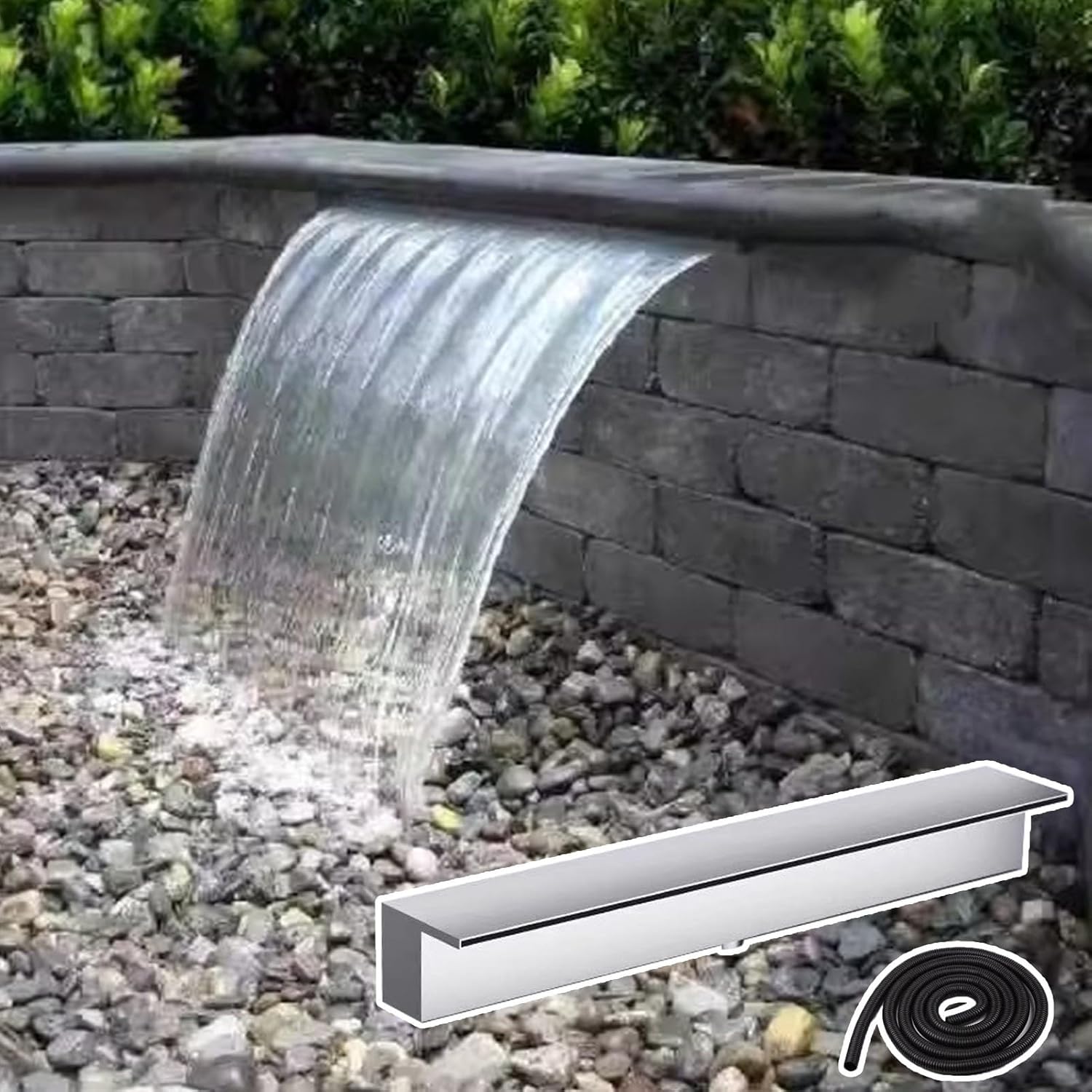 Waterfall Spillway Outdoor Spillway Water Fountain with Soft Hose, Garden Fountain Water Feature for Inground Pools, Metal Waterfall Runoff Outlet Kit, Koi Pond Decor(Silver,67in(170cm))