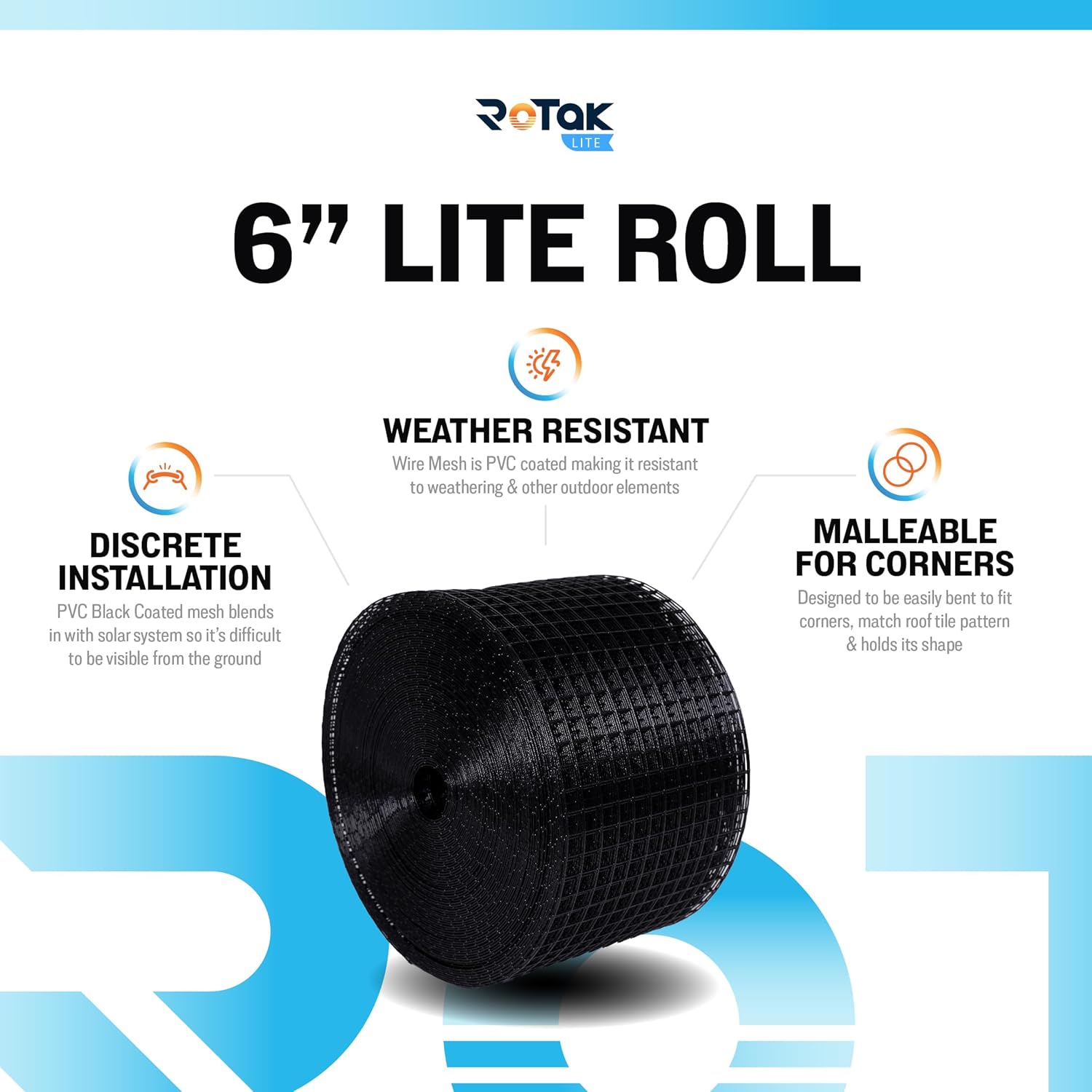 ROTAK Critter Guard - 6in x 100ft Solar Panel Bird Guard with Fastener Clips - Galvanized Black PVC Coated ½ inch Wire Roll Mesh (6