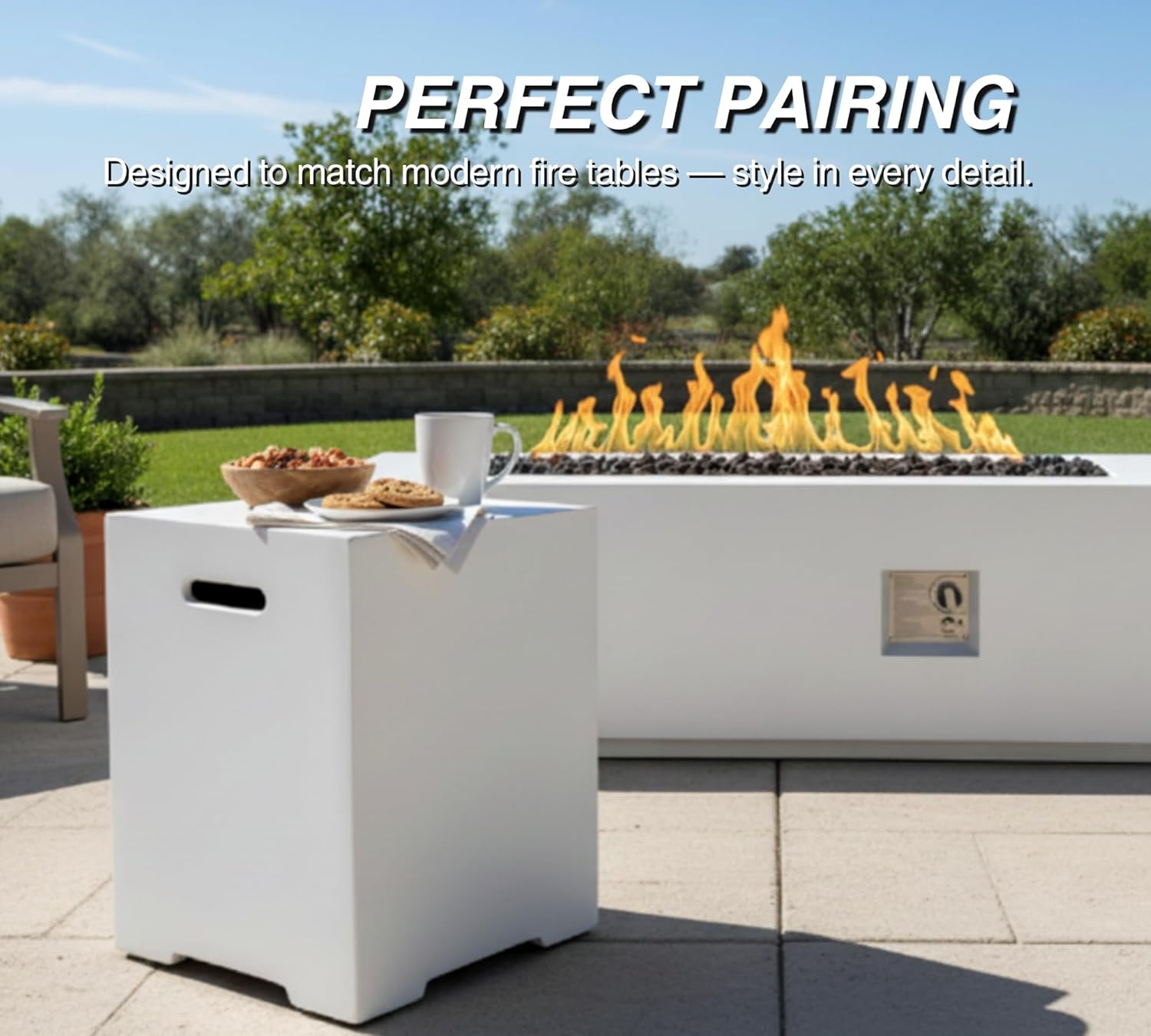 60-Inch Outdoor Gas Propane Fire Pit Table with Propane Tank Cover,Set-2-Piece,60,000 BTU Concrete Fire Pit with Free Rain Cover, Tank Seat, Lava Rocks, for Outside Patio Backyard,White