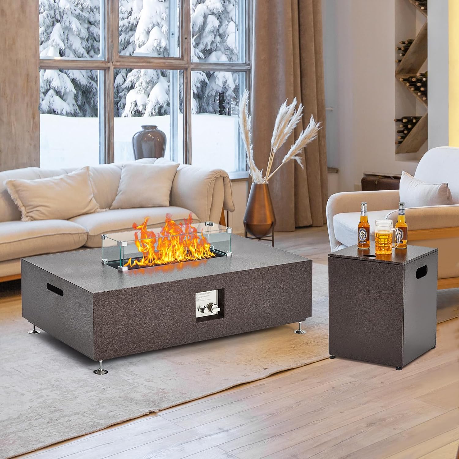 48 in Outdoor Fire Table, 48 in Rectangle Propane Gas Fire Pit Table, 50,000 BTU Modern Firepit with 16 in Tank Cover Side Table, Wind Guard, Fire Glass, Rain Cover, Antique Bronze