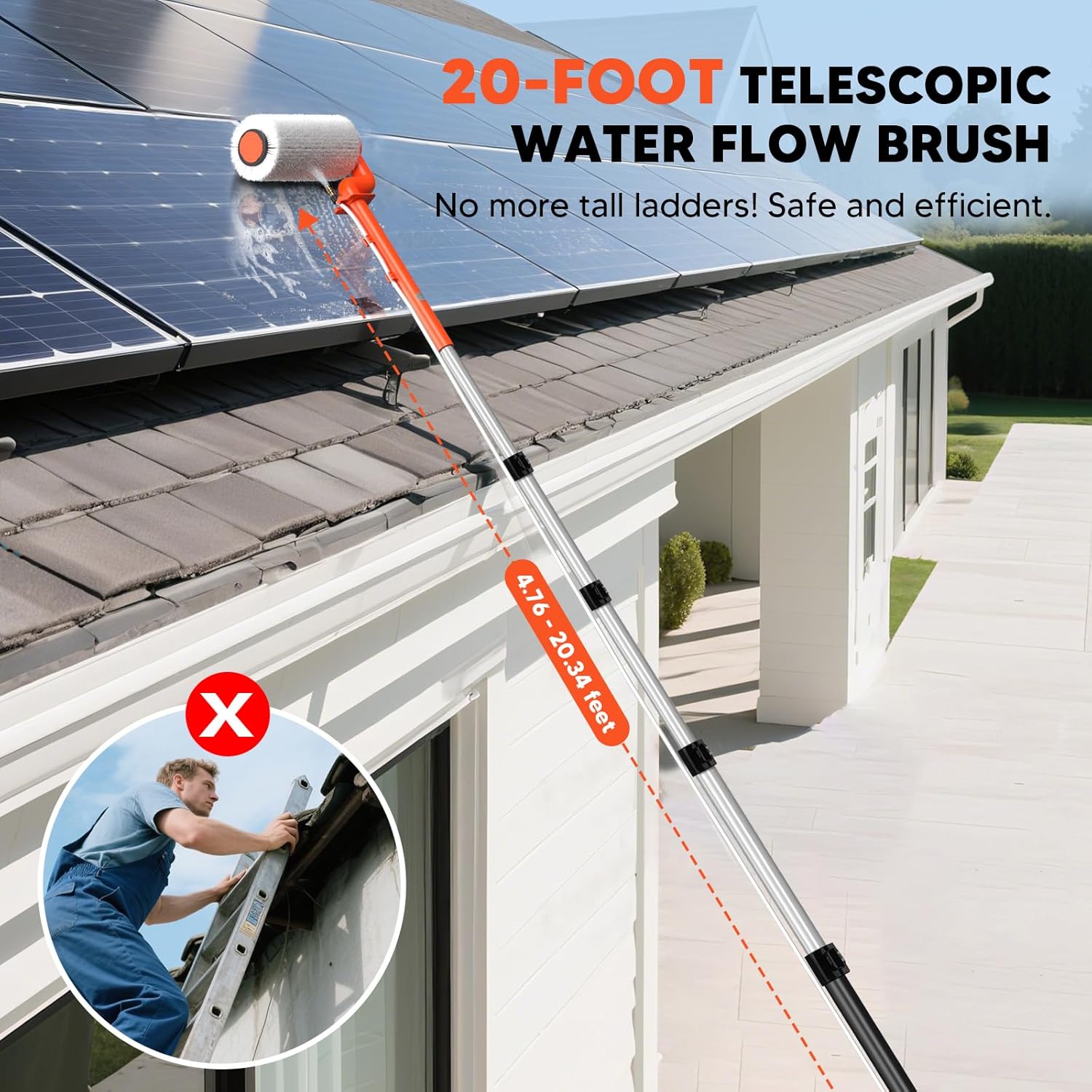 Electric Solar Panel Cleaning Brush: 20FT Adjustable Water Fed Pole Solar Panel Cleaning Kit with 23FT Water Pipe - Versatile Photovoltaic Brush for Solar Panels, Windows, Roofs