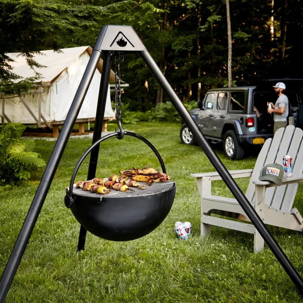 Cowboy Cauldron The Dude Fire Pit & Grill - Smokeless Fire Pit for Outside with Steel Cauldron, Tripod Legs, and Charcoal Grate - Outdoor Fireplace for Patio, Bonfire, and Cooking
