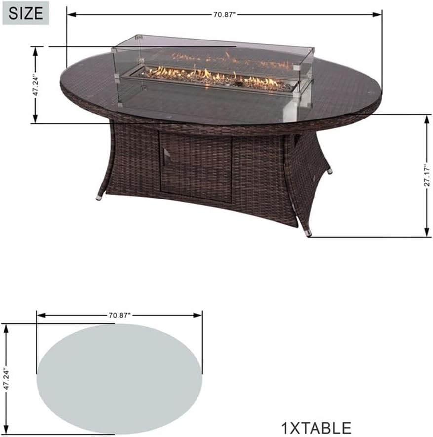 Brown Rattan Outdoor Gas Fire Pit Table Patio Dining Table with Wind Guard