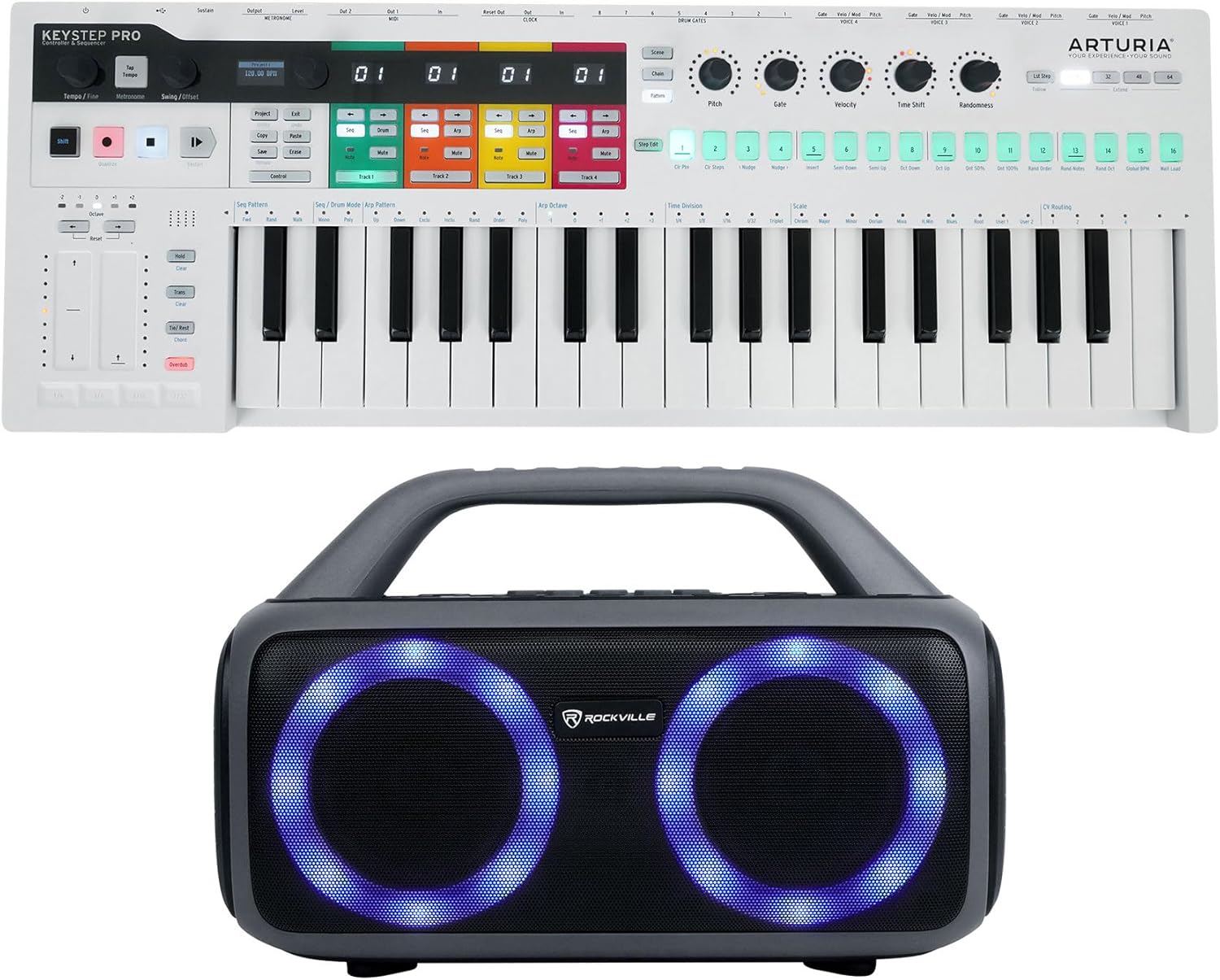 Audiosavings Bundle: Arturia Keystep Pro Sequencer 37-Key Midi USB DJ/Recording Keyboard Controller Bundle with Rockville RPB50 Large & Loud Portable Bluetooth Speaker with LED+Long Battery (2 Items)