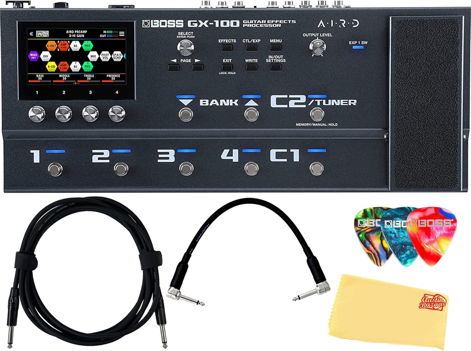 Boss GX-100 Guitar Multi-Effects Pedal Bundle with Gearlux Instrument Cable, Patch Cable, Picks, and Austin Bazaar Polishing Cloth