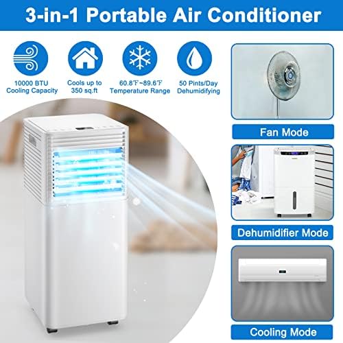 GOFLAME Portable Air Conditioner, 10000 BTU Powerful AC Unit with Remote Control and 4 Universal Casters, 3-IN-1 Air Cooler & Dehumidifier & Fan with 24H Timer for Living Room, Bedroom, Office, White