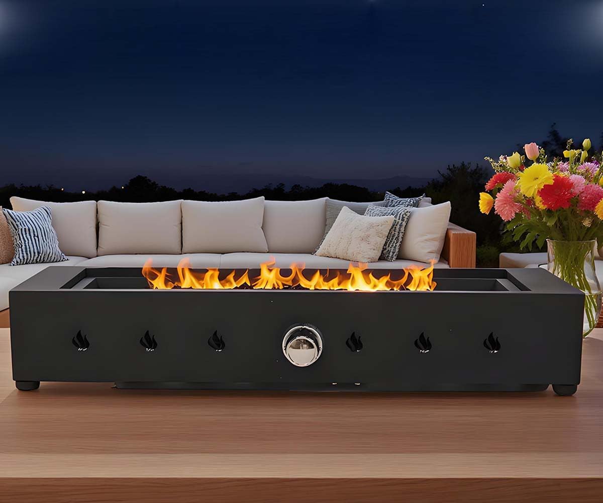 Linear Tabletop Propane Fire Pit Patio Heater with Glass Wind Guard Adjustable Flame Control Knob Blue Fire Glass Smokeless Fire Pit Small Fireplace for Patio Table Camping