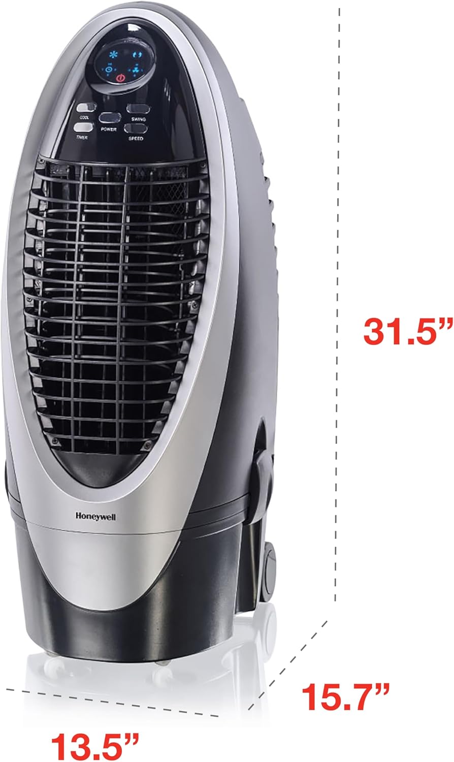 Honeywell 300 CFM Indoor Portable Evaporative Cooler, Fan & Humidifier with Detachable Tank, Carbon Dust Filter & Remote Control, Silver/Gray