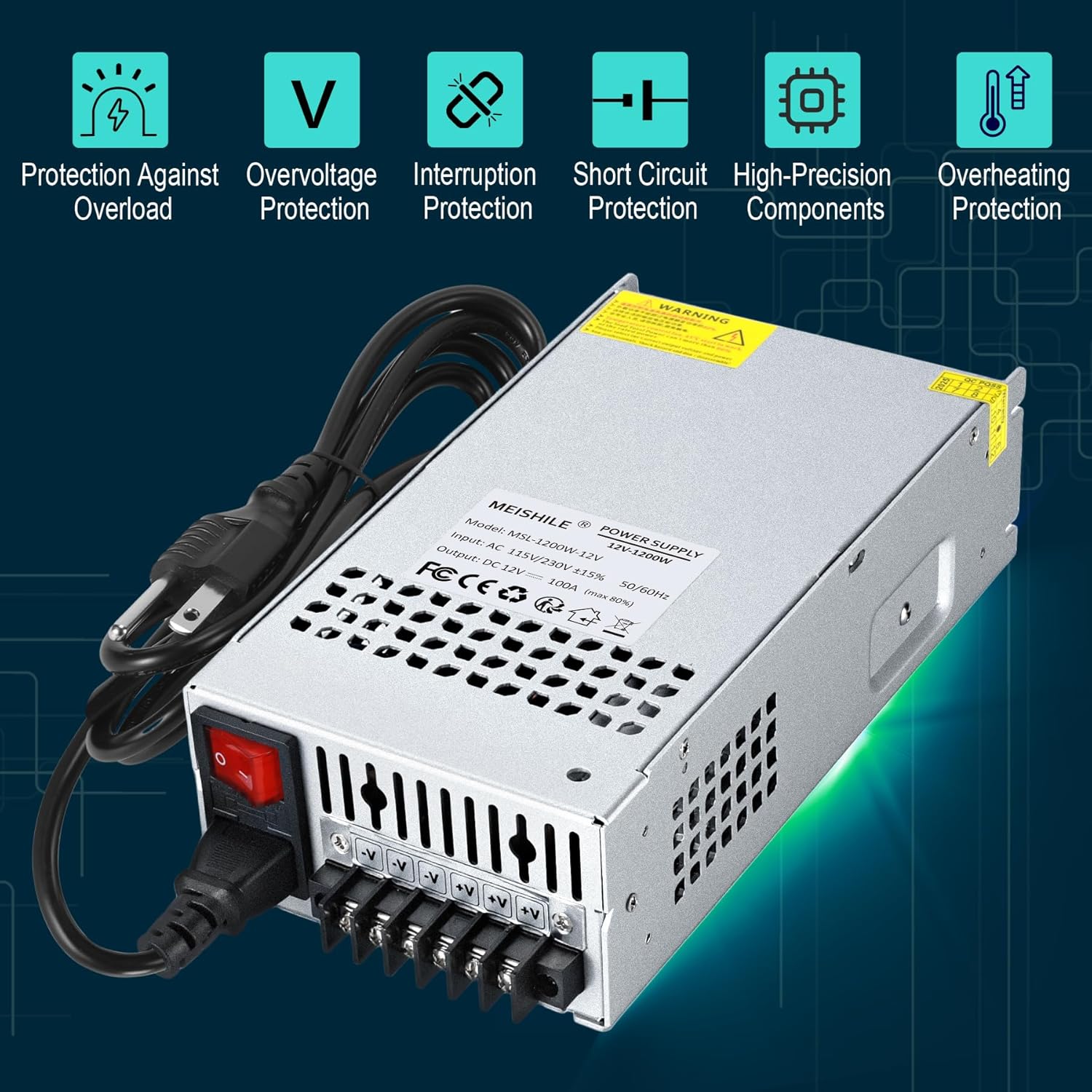 MEISHILE 12V 100A 1200W Switching Power Supply Adapter AC to DC Transformer Converter for LED Driver Strip Light Lamp, Amplifier, Machine, 120V 110V to 12Volt 20A 40A 60A 80A