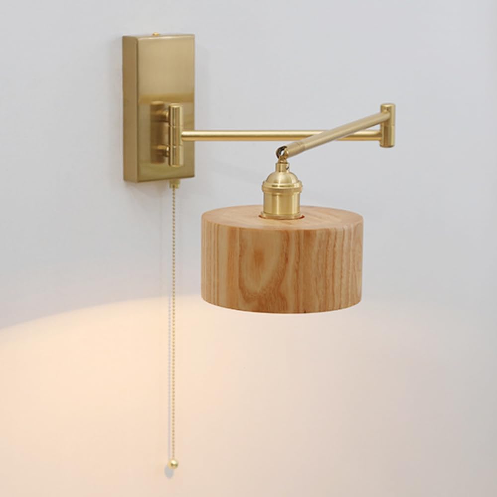 Wood Swing Arm Wall Sconce Nordic Vintage Wall Lamp with Pull Switch, Metal Wall Mounted Light for Bedroom Bedside, Wooden Lampshade Wall Lighting Fixture
