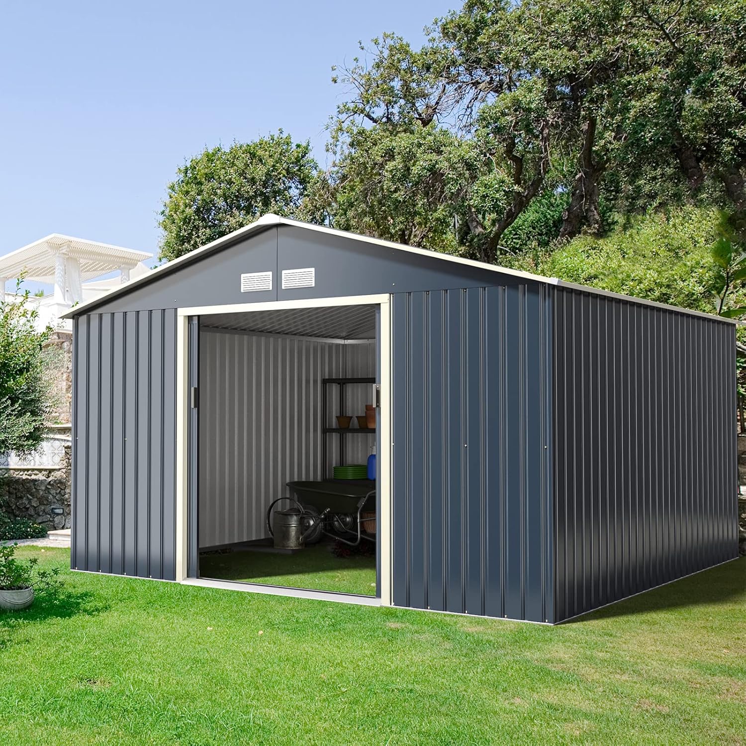 Goplus Outdoor Storage Shed, 11' X 10' Metal Garden Shed with 4 Vents & Double Sliding Door, Utility Tool Shed Storage House for Backyard, Patio, Lawn