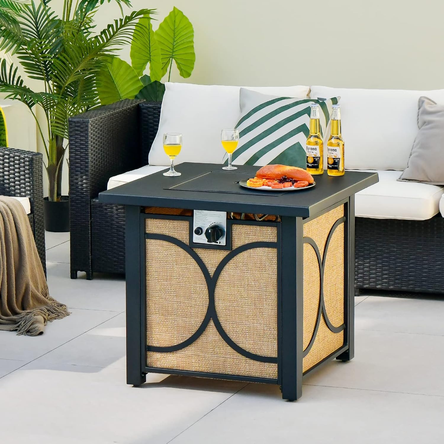 Giantex 28” Outdoor Fire Pit Table - 50,000 BTU Square Metal Fire Table with Lid, PVC Cover, Glass Stones, CSA Approved, 2-in-1 Ignition Propane Gas Fire Table for Outside Patio Garden Backyard Deck