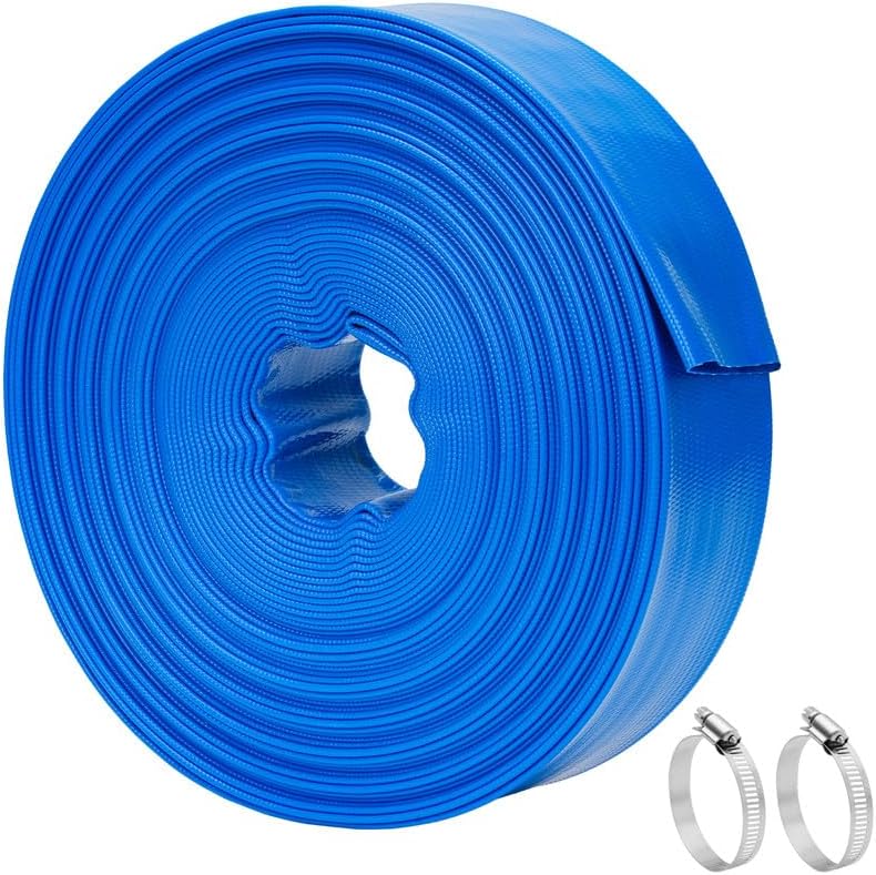 LINEX 2 IN x 100 FT Pool Backwash Hose - Heavy Duty Reinforced PVC Drain above Ground Swimming Pool Hoses, Flat Water Hose for Sump Pump Waste Discharge & Sand Filter Drainage, with Clamp (Blue)