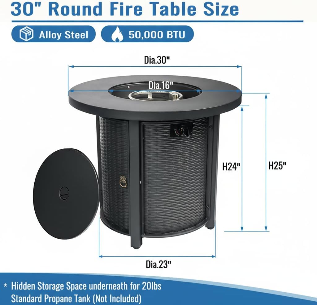 Outdoor Living 30-Inch Round Propane Fire Pit Table, 50000 BTU, Black Steel Construction, Hidden Tank Storage, Electronic Ignition, Includes Lava Rocks for Patio Garden
