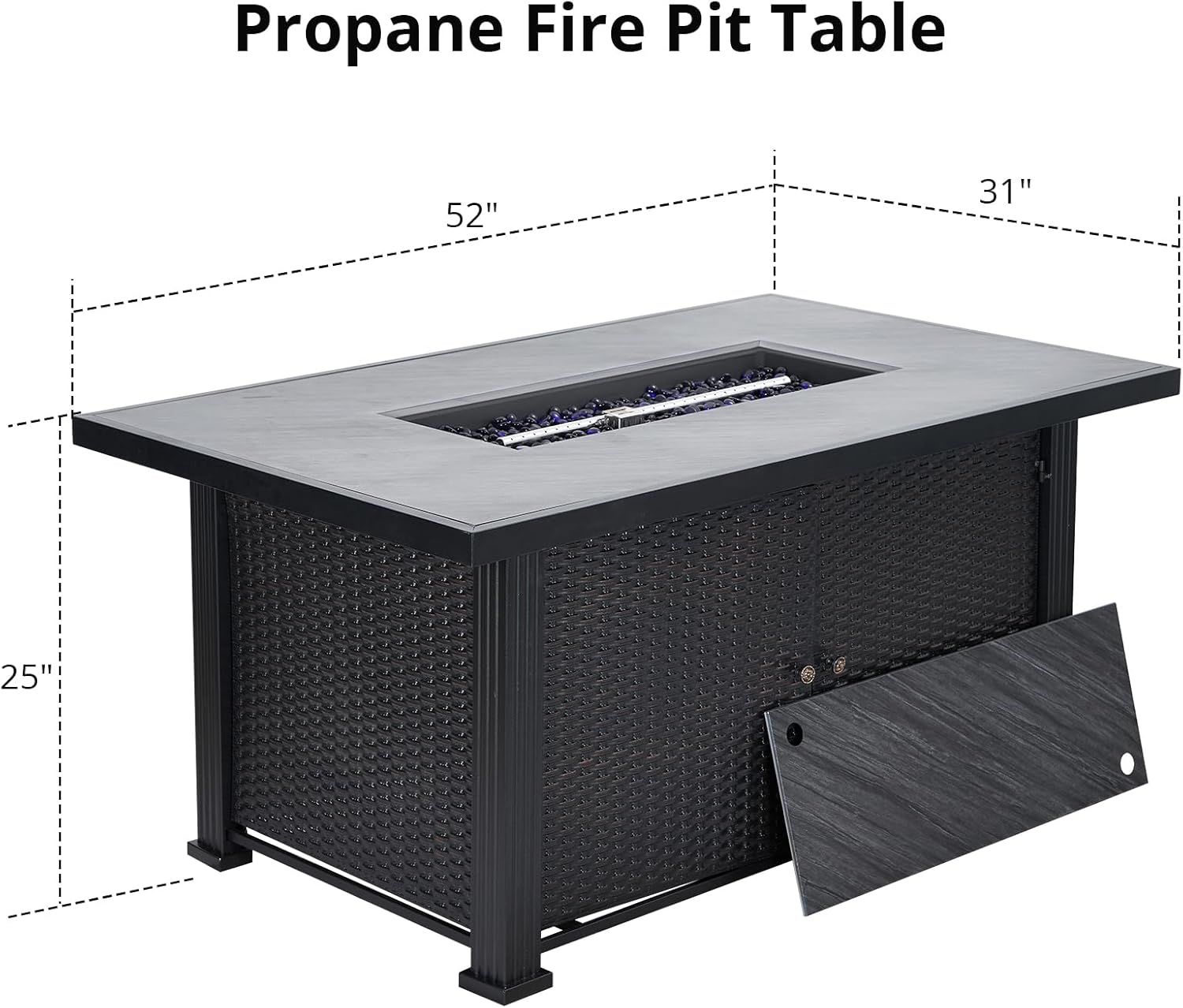 Outdoor 52 Inch Outdoor Fire Pit Table,50,000 Btu Outdoor Propane Gas Fire Pit Storage Shelf, Glass Wind Guard and Lid, Wicker Patio Gas Fire Pit for Outside Patio and Garden